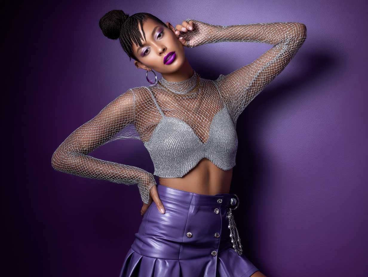 Studio fashion shoot with model in silver glitter mesh top and metallic purple leather mini skirt, confident pose, glam makeup, creative lighting, Coachella fashion inspiration