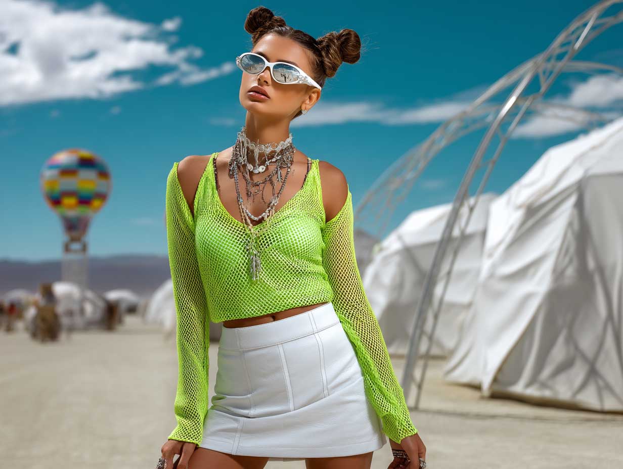 Trendy model in neon green mesh top and white leather mini skirt, styled hair buns, reflective sunglasses, layered jewelry, bright desert light, energetic festival mood