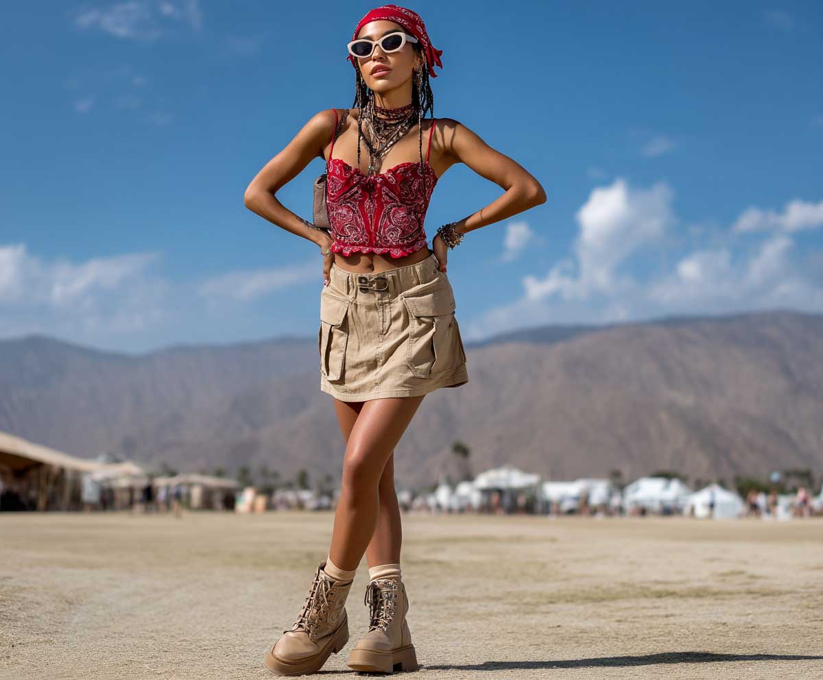 Festival model in red paisley bandana top and khaki cargo skirt, chunky boots, sunglasses, desert background, hands on hips, natural sunlight, Coachella fashion vibes, full-body shot

