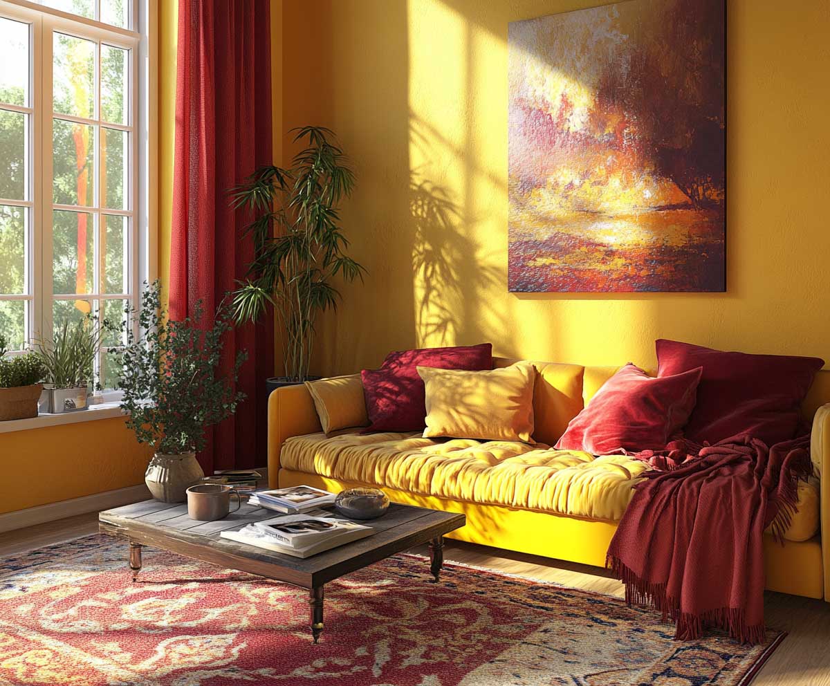 bright interior room in golden yellow and crimson, Aries zodiac color harmony, inviting and vibrant, sunlight reflections, mixed textiles, cozy yet daring atmosphere, soft shadows, ultra-detailed