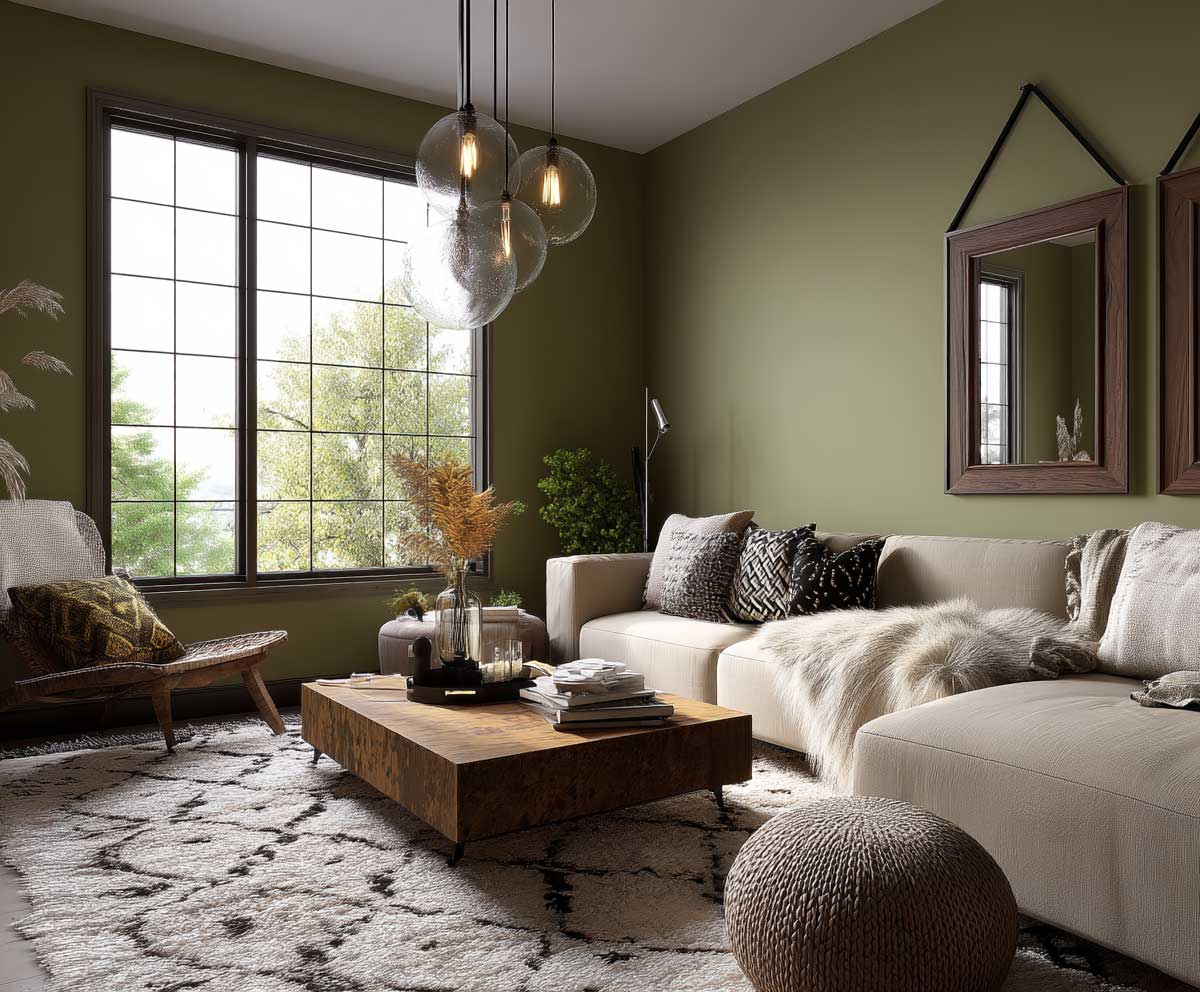 cozy earth-toned interior, olive green walls with soft cream accents, plush textures, large windows, Taurus-inspired calm space, warm lighting, modern rustic style, photorealistic

