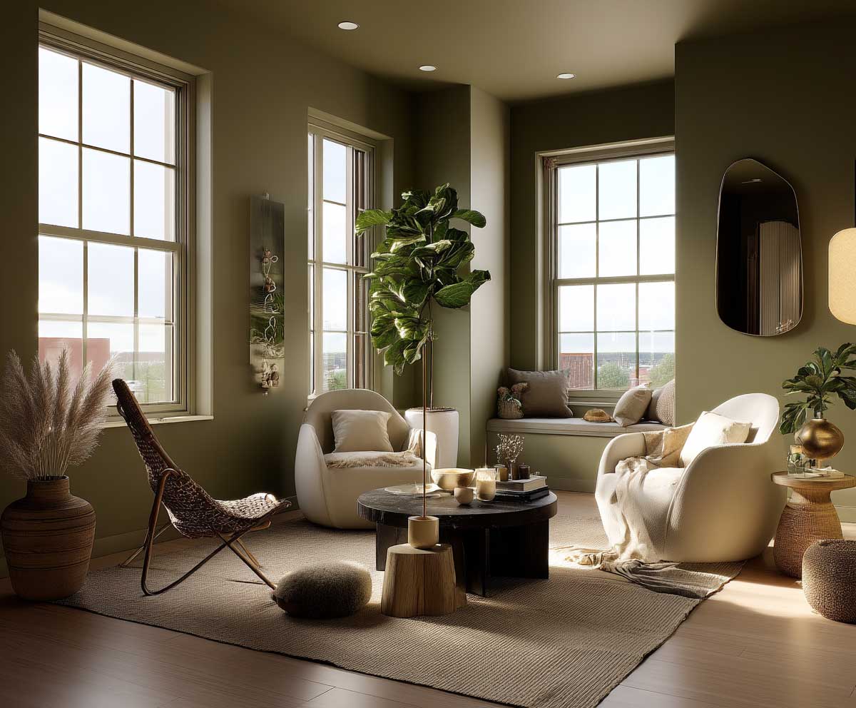 cozy earth-toned interior, olive green walls with soft cream accents, plush textures, large windows, Taurus-inspired calm space, warm lighting, modern rustic style, photorealistic

