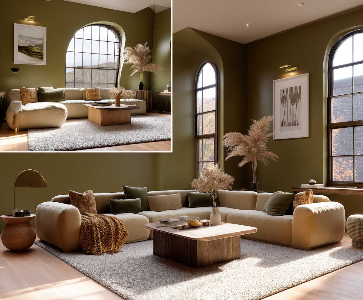 cozy earth-toned interior, olive green walls with soft cream accents, plush textures, large windows, Taurus-inspired calm space, warm lighting, modern rustic style, photorealistic

