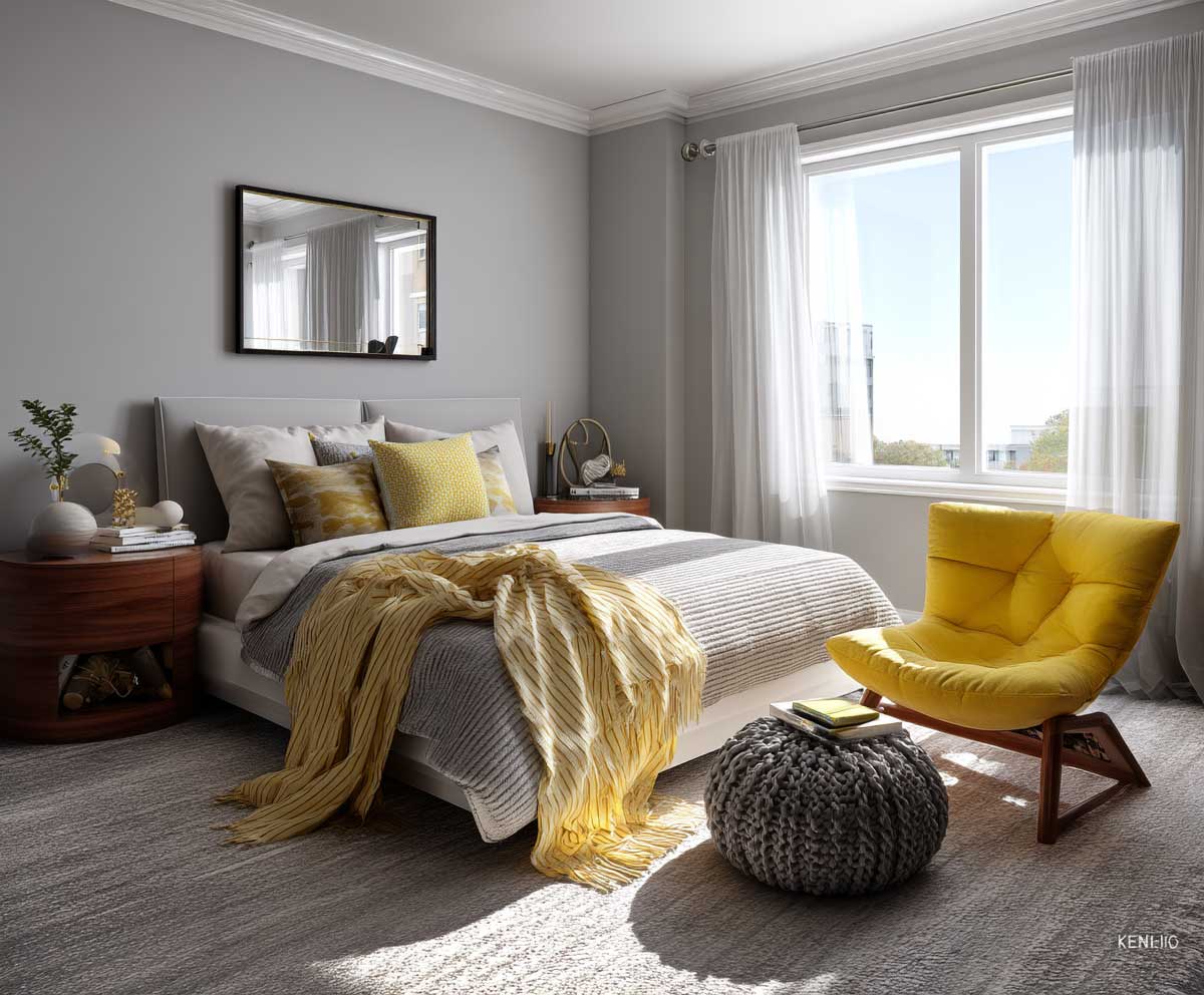 modern bedroom with soft gray and butter yellow palette, Gemini zodiac inspiration, sunlight-filled room, layered textures, minimalist with playful accents, clean lines, photorealistic
