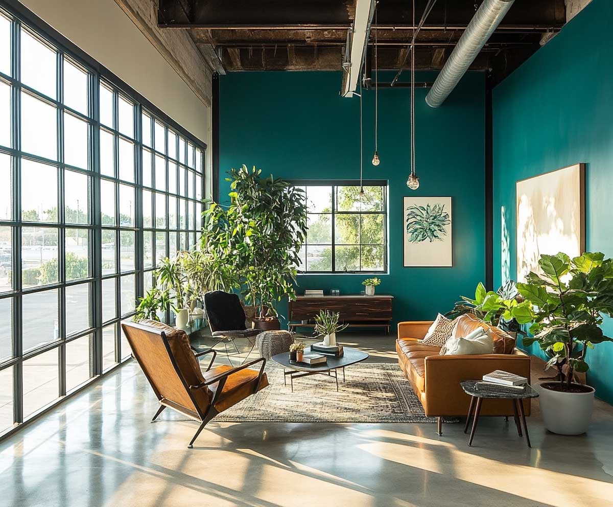 Urban loft with bold teal painted wall, large black metal-framed industrial windows, hanging plants, mid-century modern furniture, exposed beams, concrete floor, artistic vibe, sunlight streaming in