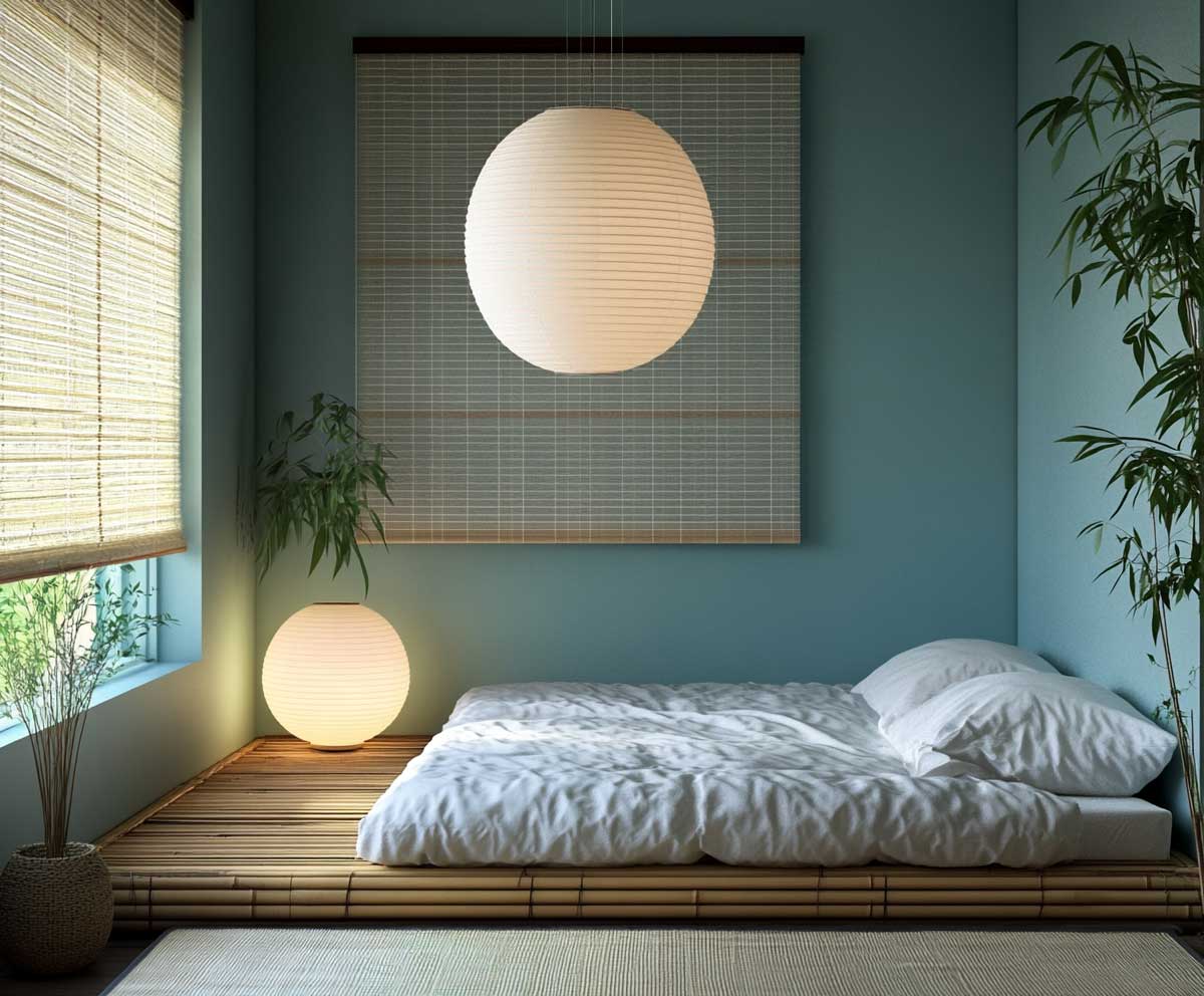 Tatami platform room with fog blue painted walls, rice paper lantern, bamboo blinds, neutral bedding, clean lines, serene lighting