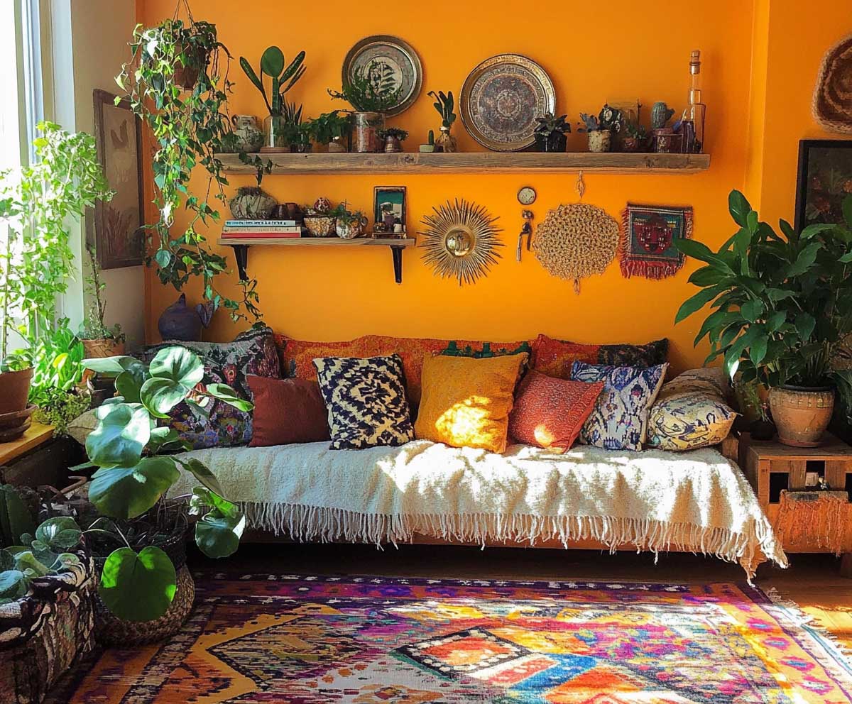 Eclectic room with citrus orange wall, mix of vintage decor, boho textiles, reclaimed wood shelves, patterned rug, warm lighting, urban setting, cozy and vibrant styling