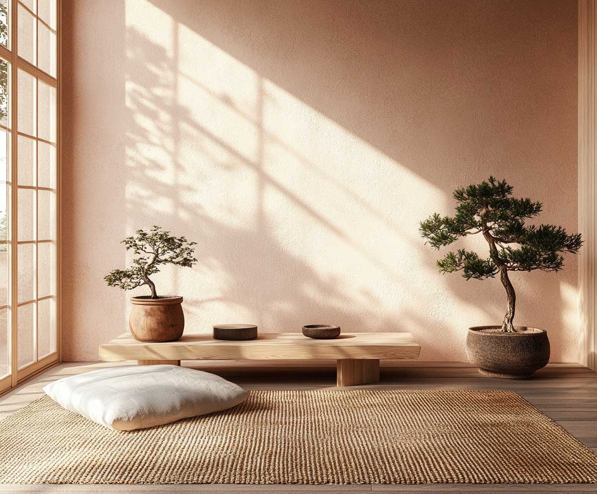 Japandi room with muted clay wall color, light wood furniture, woven mat, potted bonsai, soft sunlight, natural textures, minimalist decor, balanced shadows