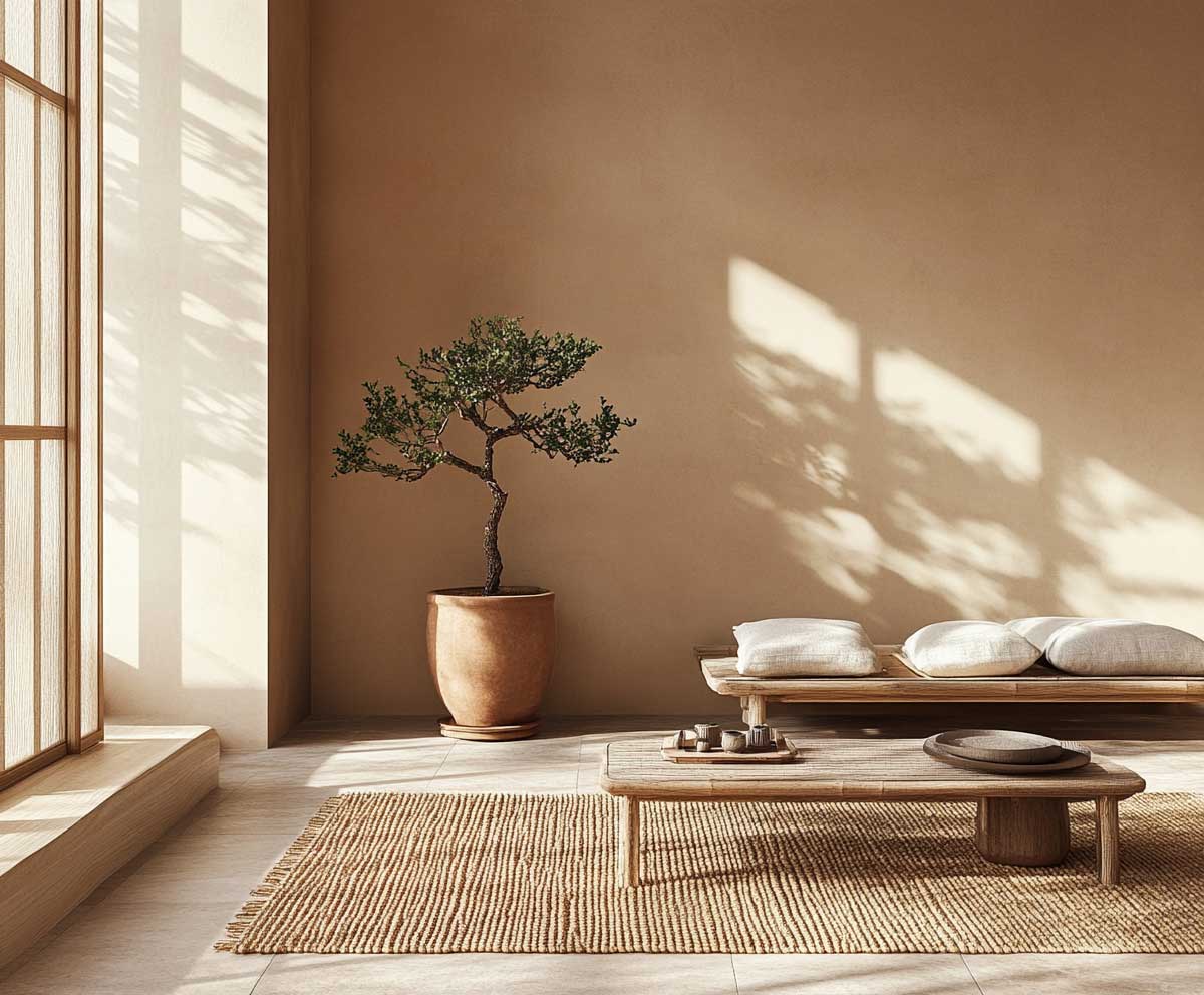 Japandi room with muted clay wall color, light wood furniture, woven mat, potted bonsai, soft sunlight, natural textures, minimalist decor, balanced shadows