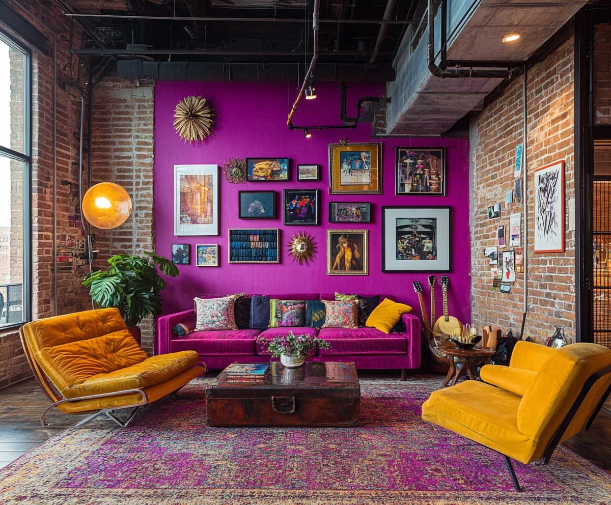 Exposed brick loft with bold magenta painted wall section, eclectic gallery wall, colorful furniture, metallic accents, ambient lighting, moody industrial textures
