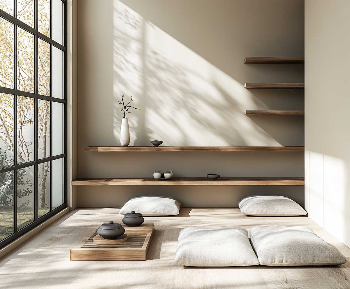 Sitting area with soft greige walls, linen cushions, pale oak shelving, ceramic tea set, low seating, shoji-style windows, peaceful atmosphere