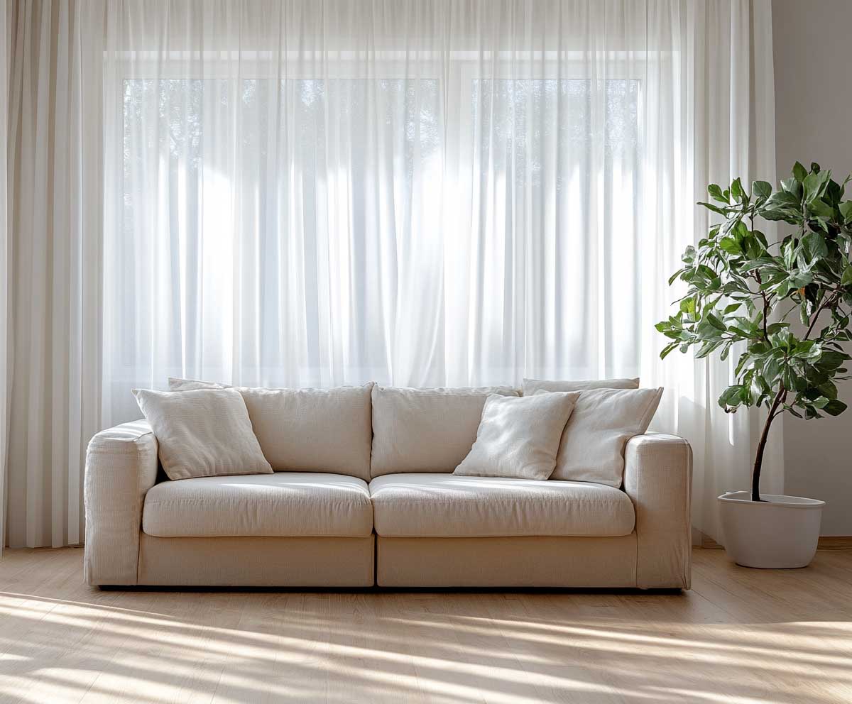 A soft neutral wall in a minimalist living room, low-profile beige furniture, natural sunlight through sheer white curtains, clean lines, wooden floor, modern decor, subtle shadows, no clutter