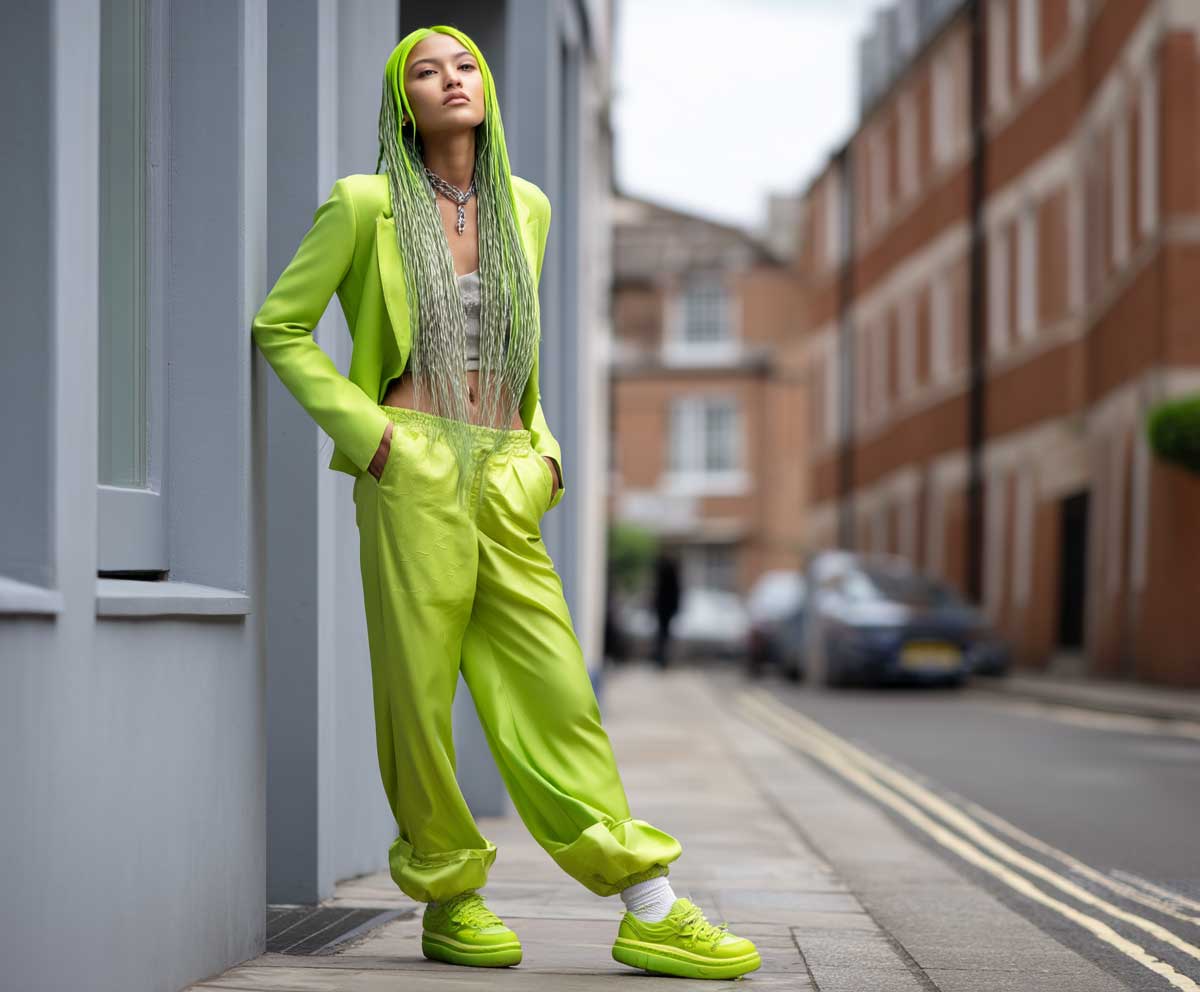 full-length fashion image of a model with straight lime green hair in crimped hairstyles, sleek half-up look, crimped lower half, bright streetwear, outdoor urban scene, dynamic photography