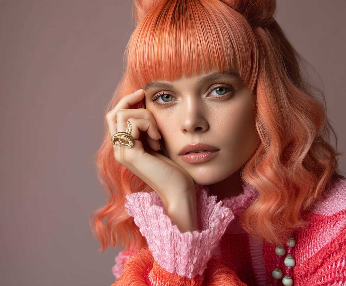 studio photo of a model with straight coral orange hair styled in crimped hairstyles, feathered bangs, soft retro waves, 80s-inspired outfit, warm lighting, editorial beauty shot