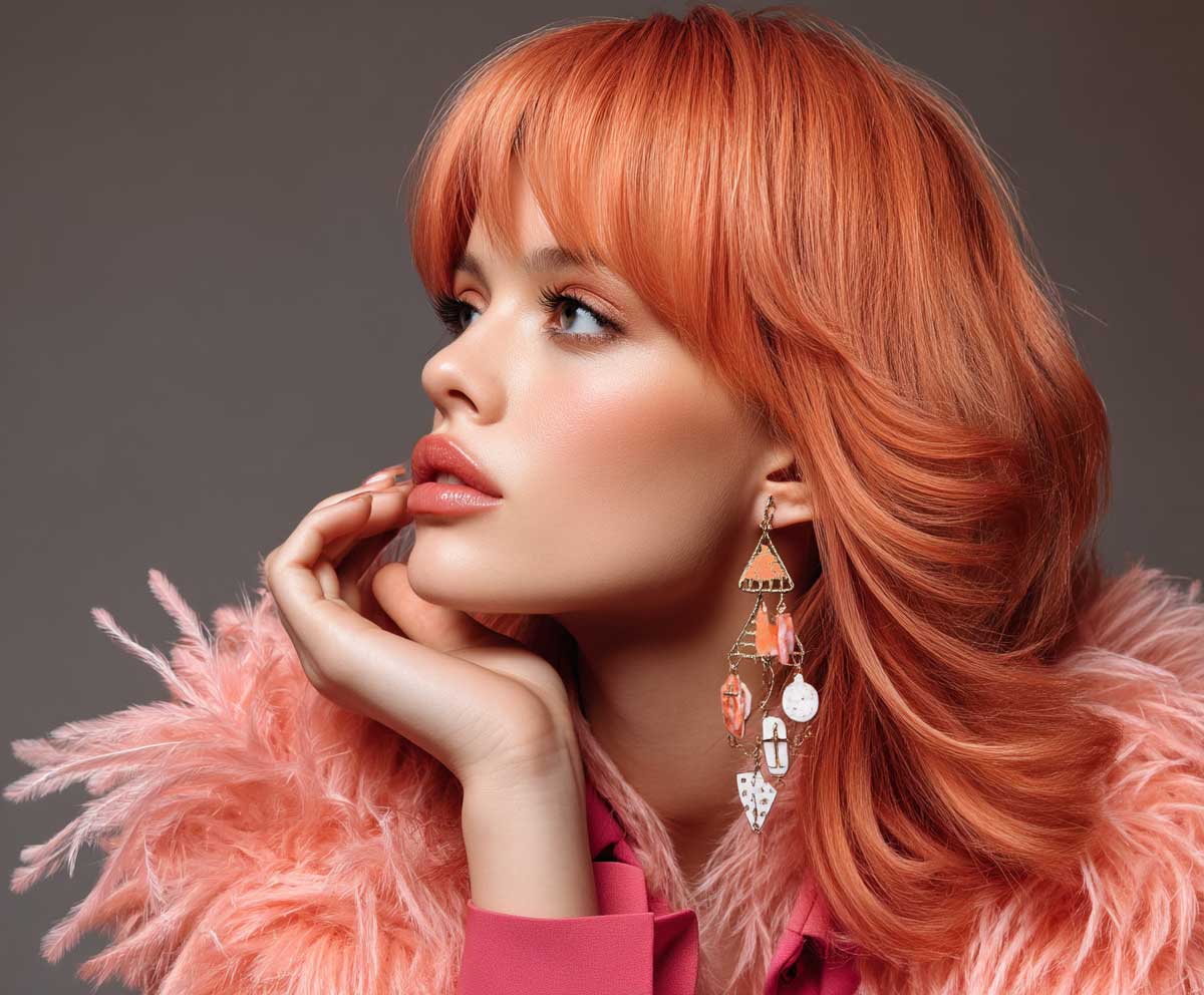 studio photo of a model with straight coral orange hair styled in crimped hairstyles, feathered bangs, soft retro waves, 80s-inspired outfit, warm lighting, editorial beauty shot