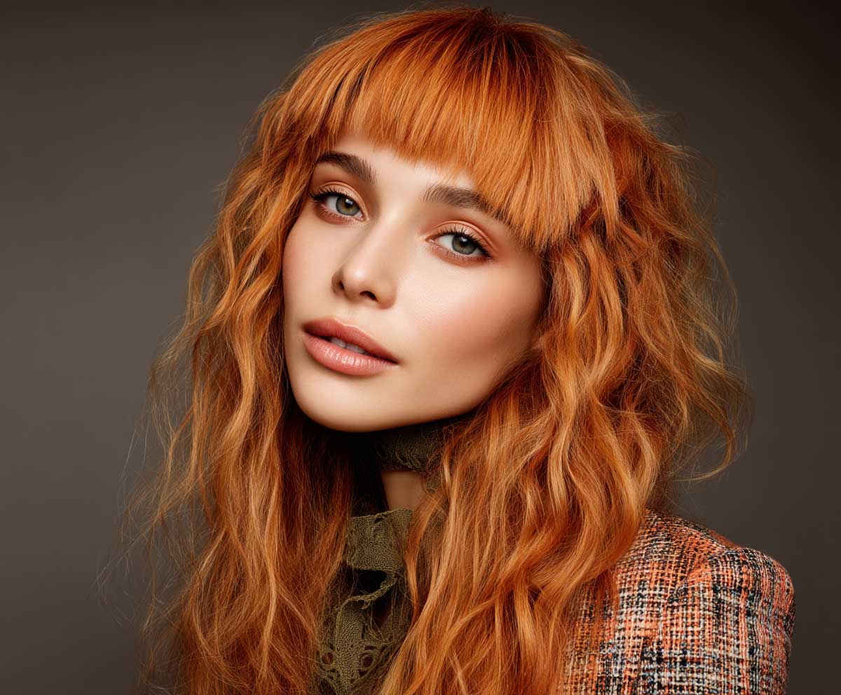 studio photo of a model with straight coral orange hair styled in crimped hairstyles, feathered bangs, soft retro waves, 80s-inspired outfit, warm lighting, editorial beauty shot