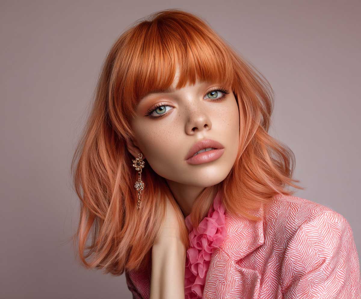 studio photo of a model with straight coral orange hair styled in crimped hairstyles, feathered bangs, soft retro waves, 80s-inspired outfit, warm lighting, editorial beauty shot