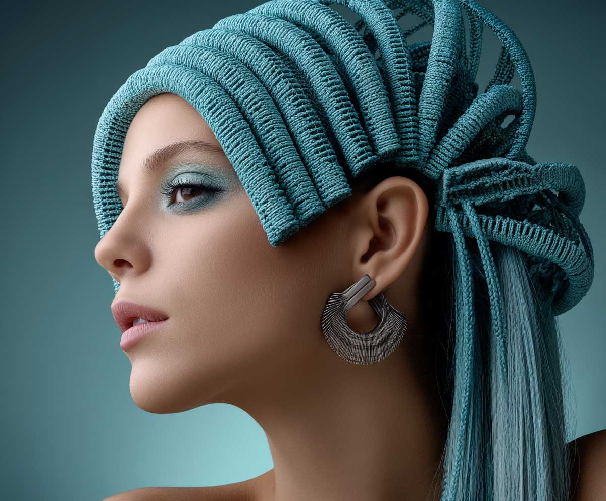 close-up of a woman with coarse cyan blue hair in crimped hairstyles, crown area lifted and sculpted, minimal makeup, sleek earrings, futuristic fashion background