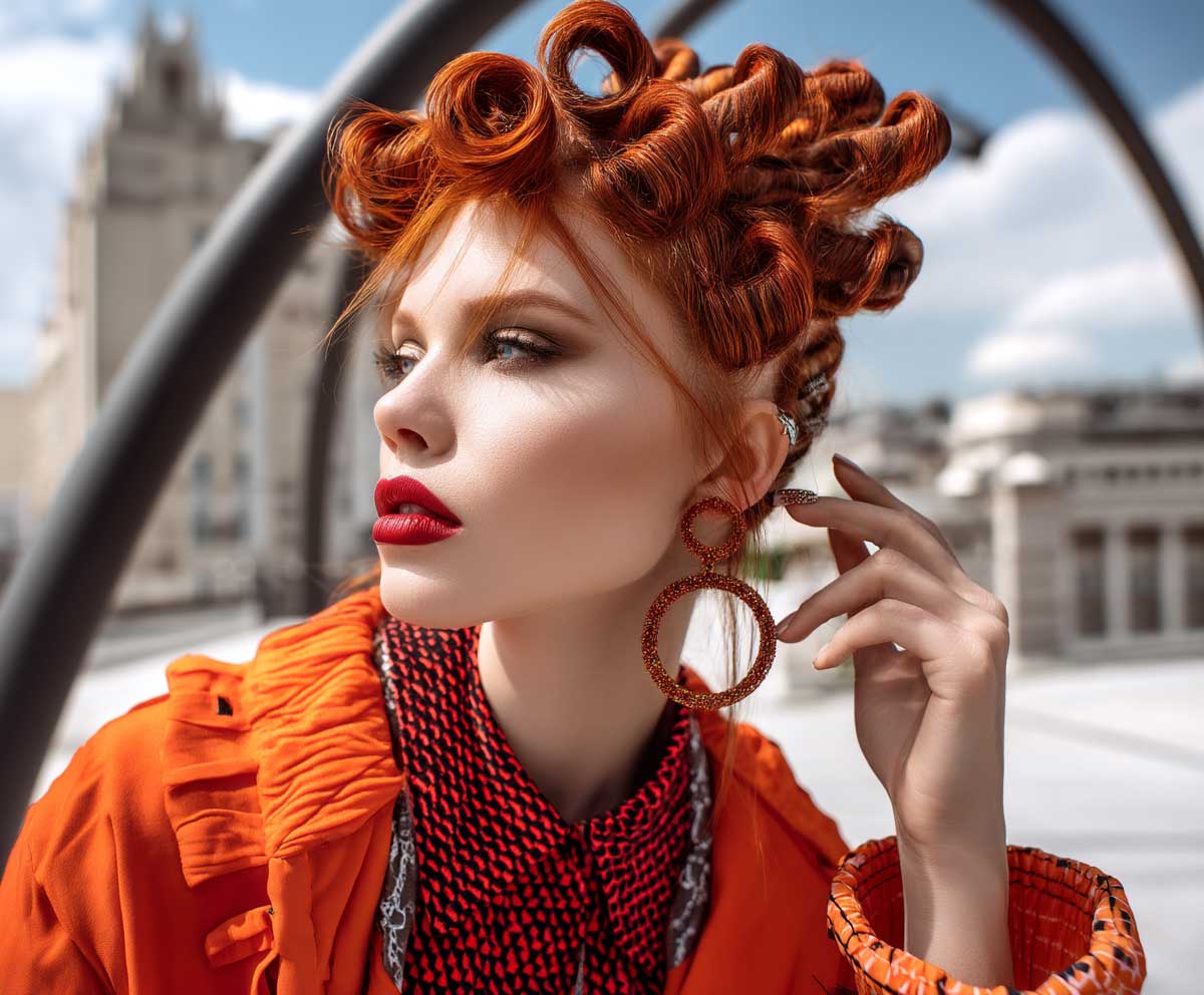 portrait of a model with thick fiery red hair in dramatic crimped hairstyles, side-parted with bold structure, glossy makeup, streetwear styling, vibrant city backdrop, cinematic tones