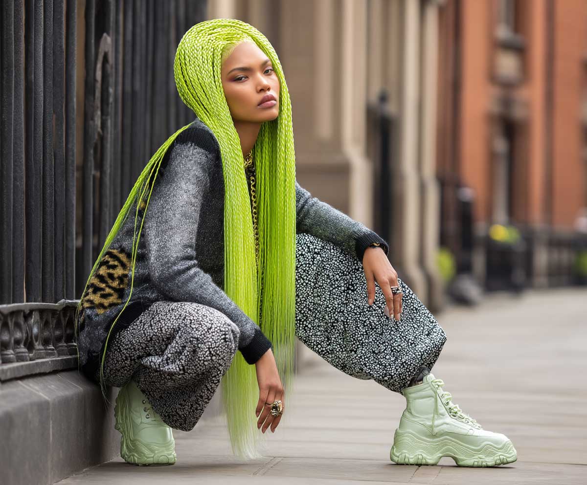 full-length fashion image of a model with straight lime green hair in crimped hairstyles, sleek half-up look, crimped lower half, bright streetwear, outdoor urban scene, dynamic photography