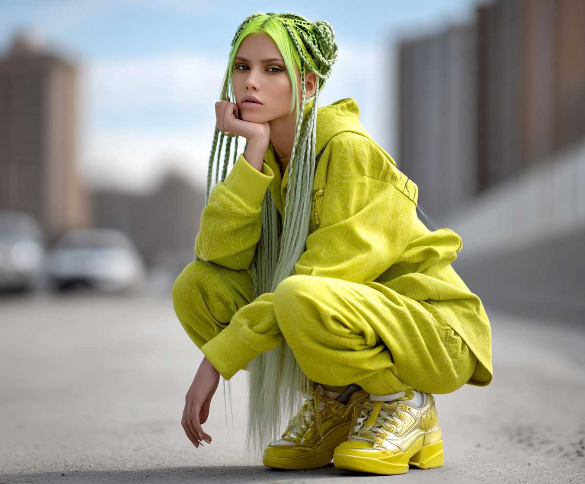 full-length fashion image of a model with straight lime green hair in crimped hairstyles, sleek half-up look, crimped lower half, bright streetwear, outdoor urban scene, dynamic photography
