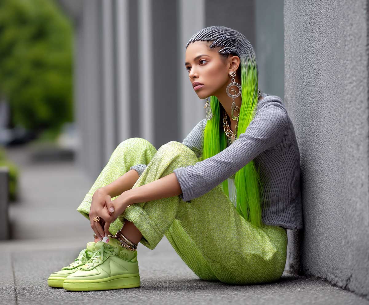 full-length fashion image of a model with straight lime green hair in crimped hairstyles, sleek half-up look, crimped lower half, bright streetwear, outdoor urban scene, dynamic photography