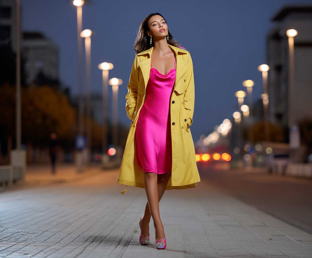 stylish woman wearing a silky hot pink slip dress layered with a canary yellow trench coat, city street at twilight, high heels, glowing streetlights, romantic urban atmosphere, full-body editorial photo