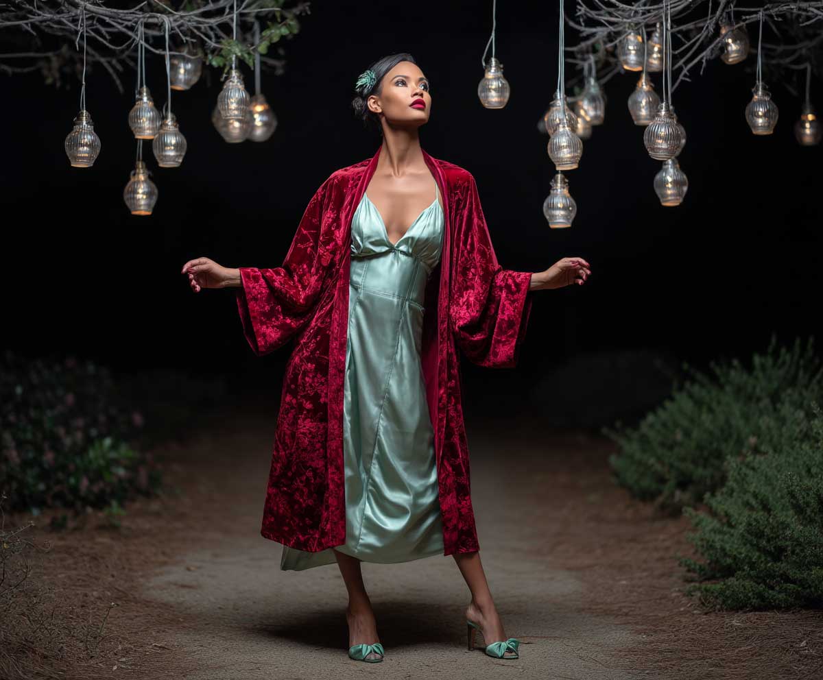 fashionable woman draped in a ruby velvet kimono over a mint green satin slip skirt, night garden with string lights, glowing makeup, serene expression, luxurious textures, full-body photo