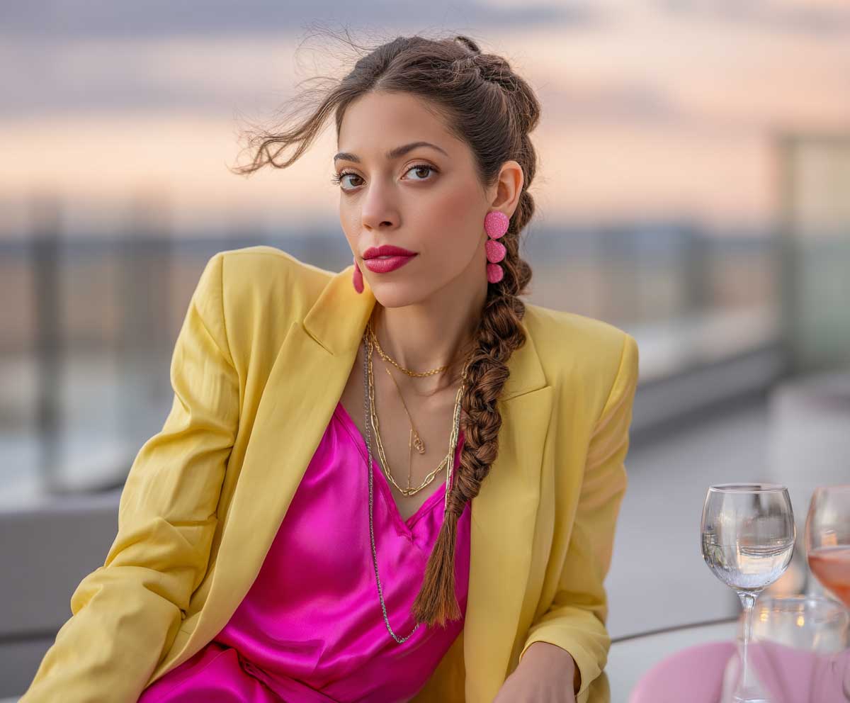 confident woman in a canary yellow blazer layered over a hot pink satin jumpsuit, rooftop restaurant setting, sunset sky, soft wind in hair, chic and vibrant style, natural makeup look