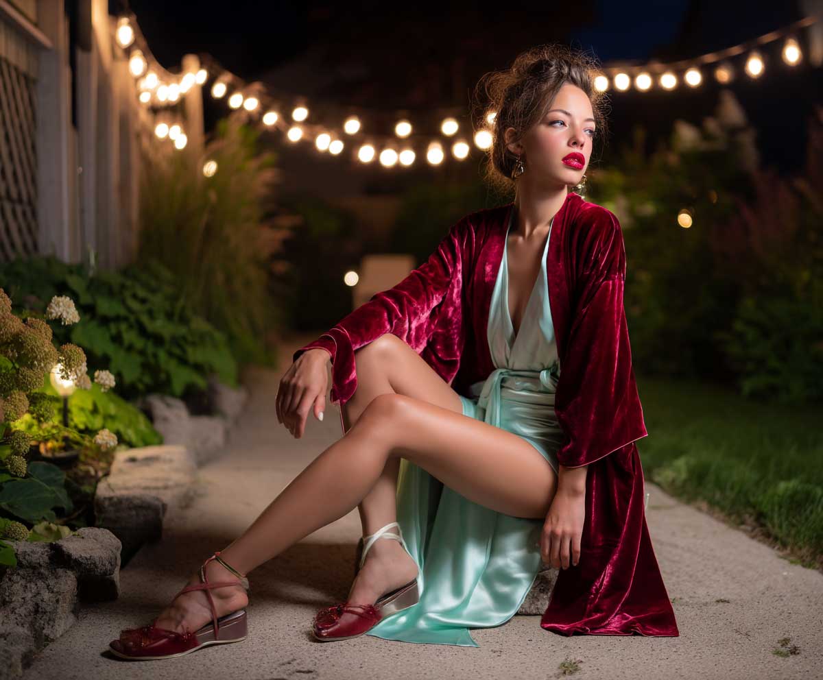 fashionable woman draped in a ruby velvet kimono over a mint green satin slip skirt, night garden with string lights, glowing makeup, serene expression, luxurious textures, full-body photo