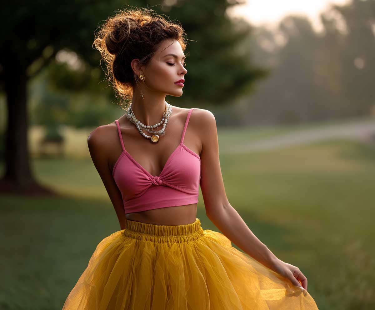 fashion-forward woman wearing a hot pink crop top paired with a voluminous canary yellow tulle skirt, park setting during golden hour, soft dreamy lighting, playful and romantic, full-body shot