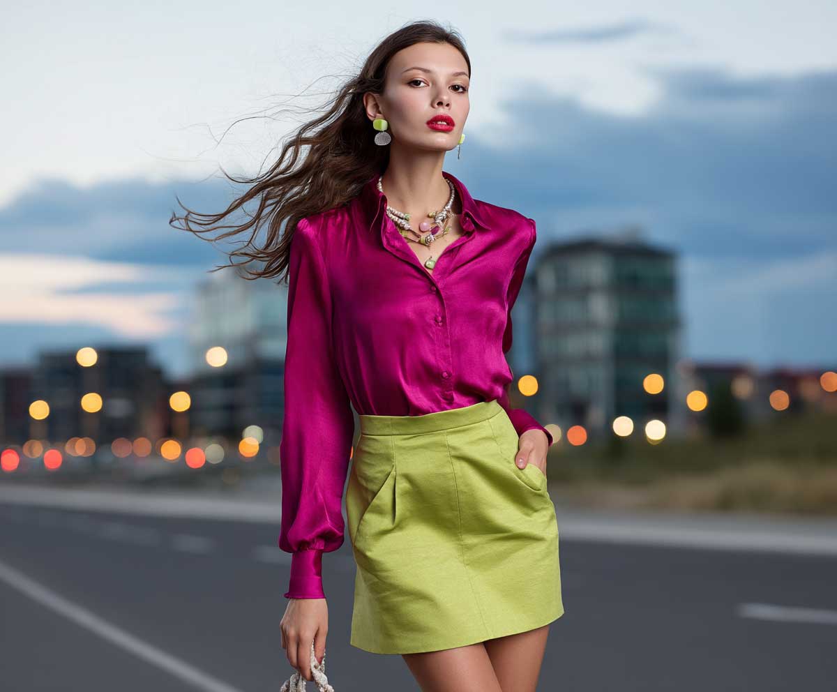 modern fashion shoot with a confident woman wearing a fuchsia silk blouse tucked into a lime green mini skirt, soft city lights in the background, soft breeze, romantic atmosphere, urban fashion focus