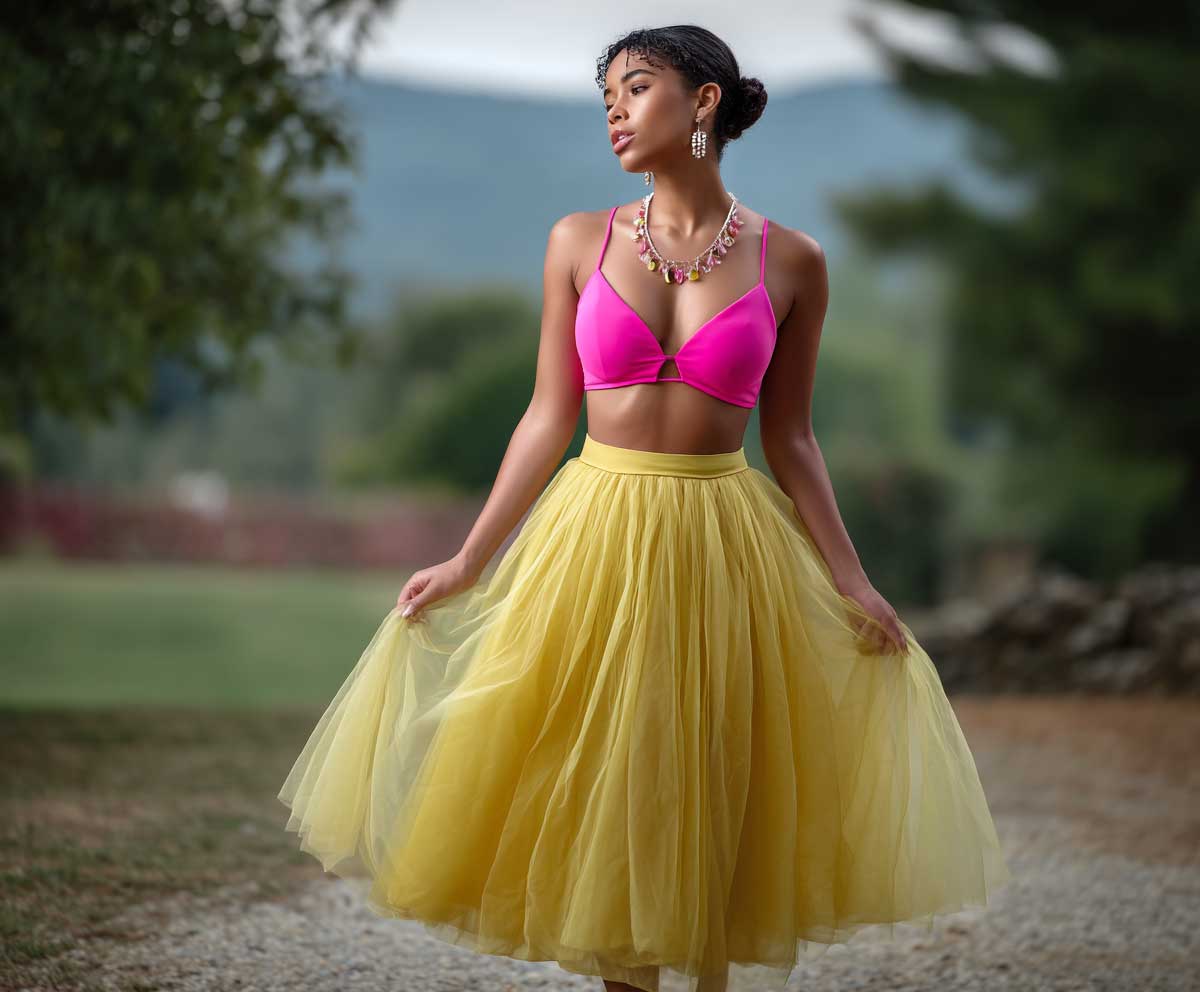 fashion-forward woman wearing a hot pink crop top paired with a voluminous canary yellow tulle skirt, park setting during golden hour, soft dreamy lighting, playful and romantic, full-body shot