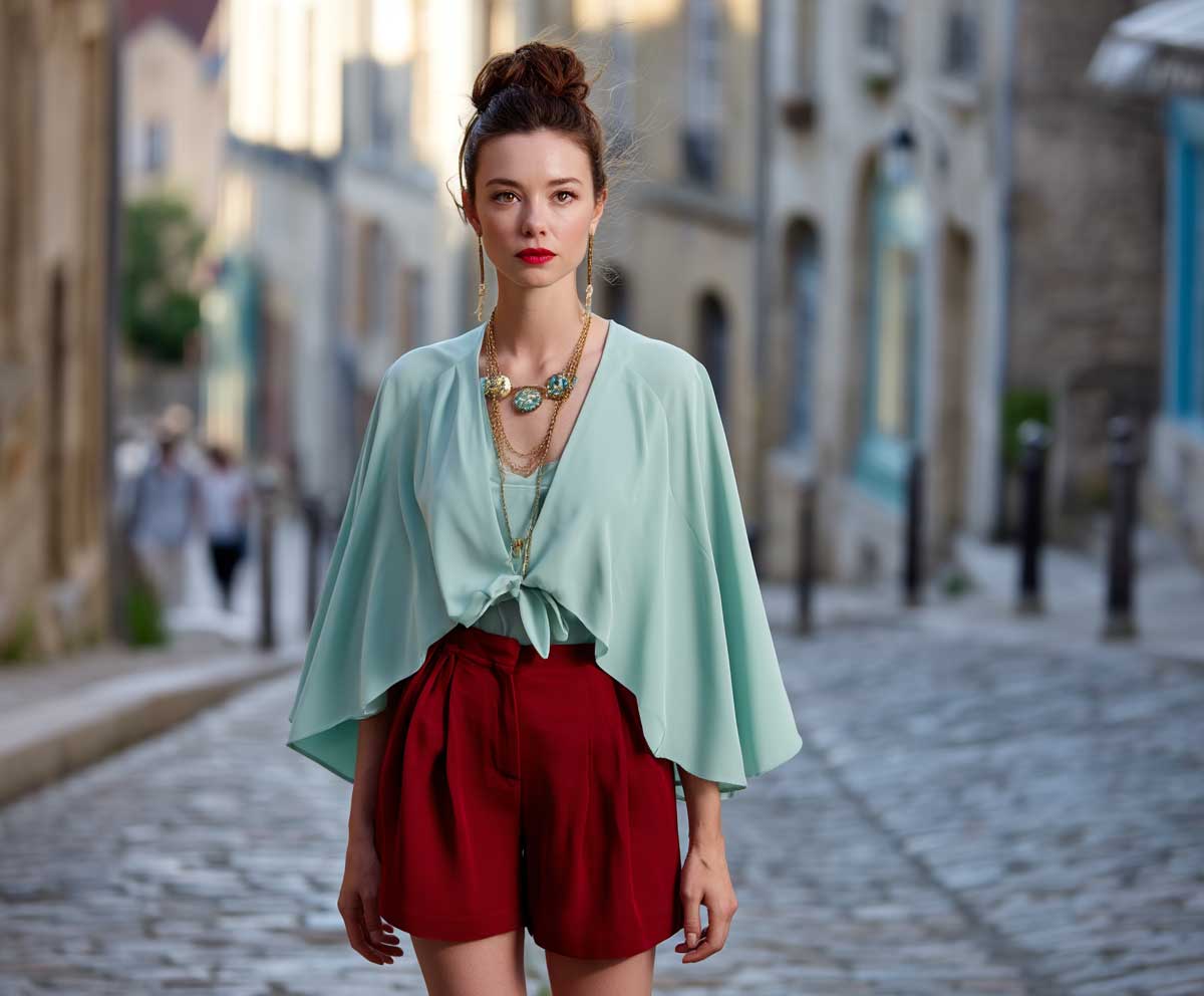 stylish woman wearing a mint green cape-style blouse paired with ruby red pleated shorts, early evening light, cobbled street, soft breeze in hair, romantic setting, chic modern outfit
