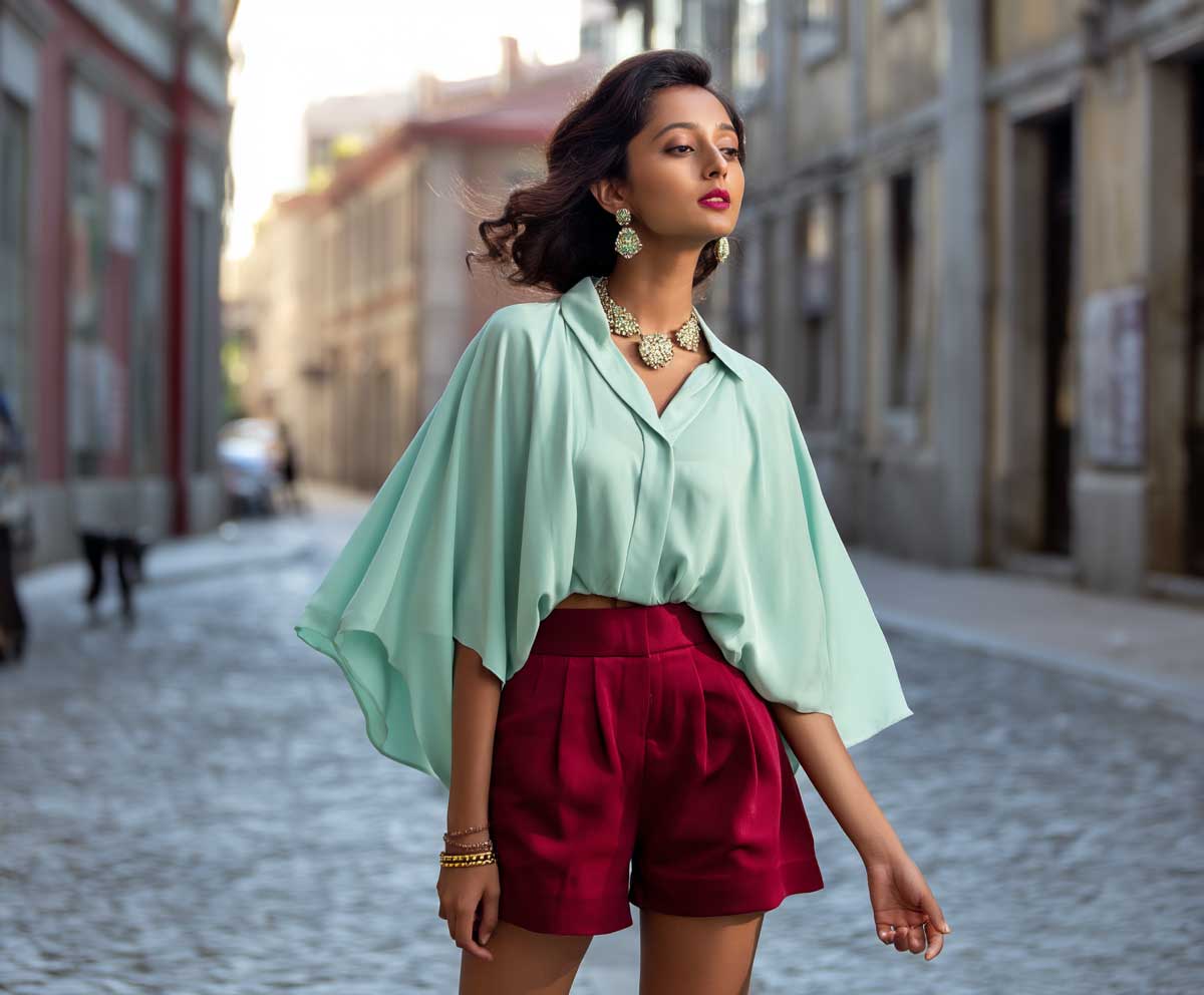 stylish woman wearing a mint green cape-style blouse paired with ruby red pleated shorts, early evening light, cobbled street, soft breeze in hair, romantic setting, chic modern outfit