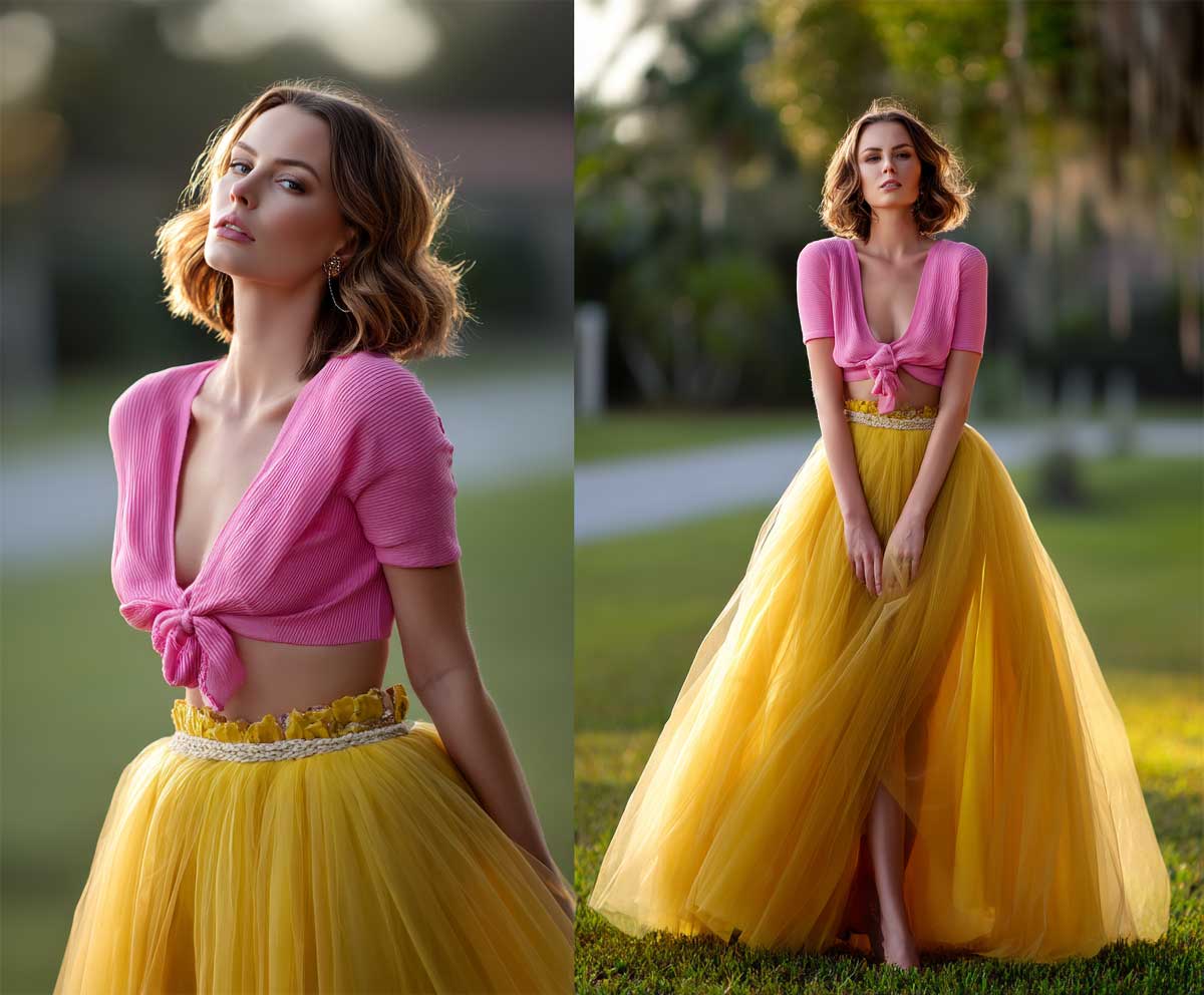 fashion-forward woman wearing a hot pink crop top paired with a voluminous canary yellow tulle skirt, park setting during golden hour, soft dreamy lighting, playful and romantic, full-body shot