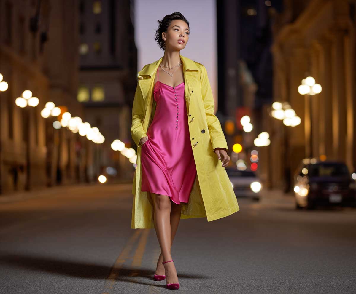 stylish woman wearing a silky hot pink slip dress layered with a canary yellow trench coat, city street at twilight, high heels, glowing streetlights, romantic urban atmosphere, full-body editorial photo