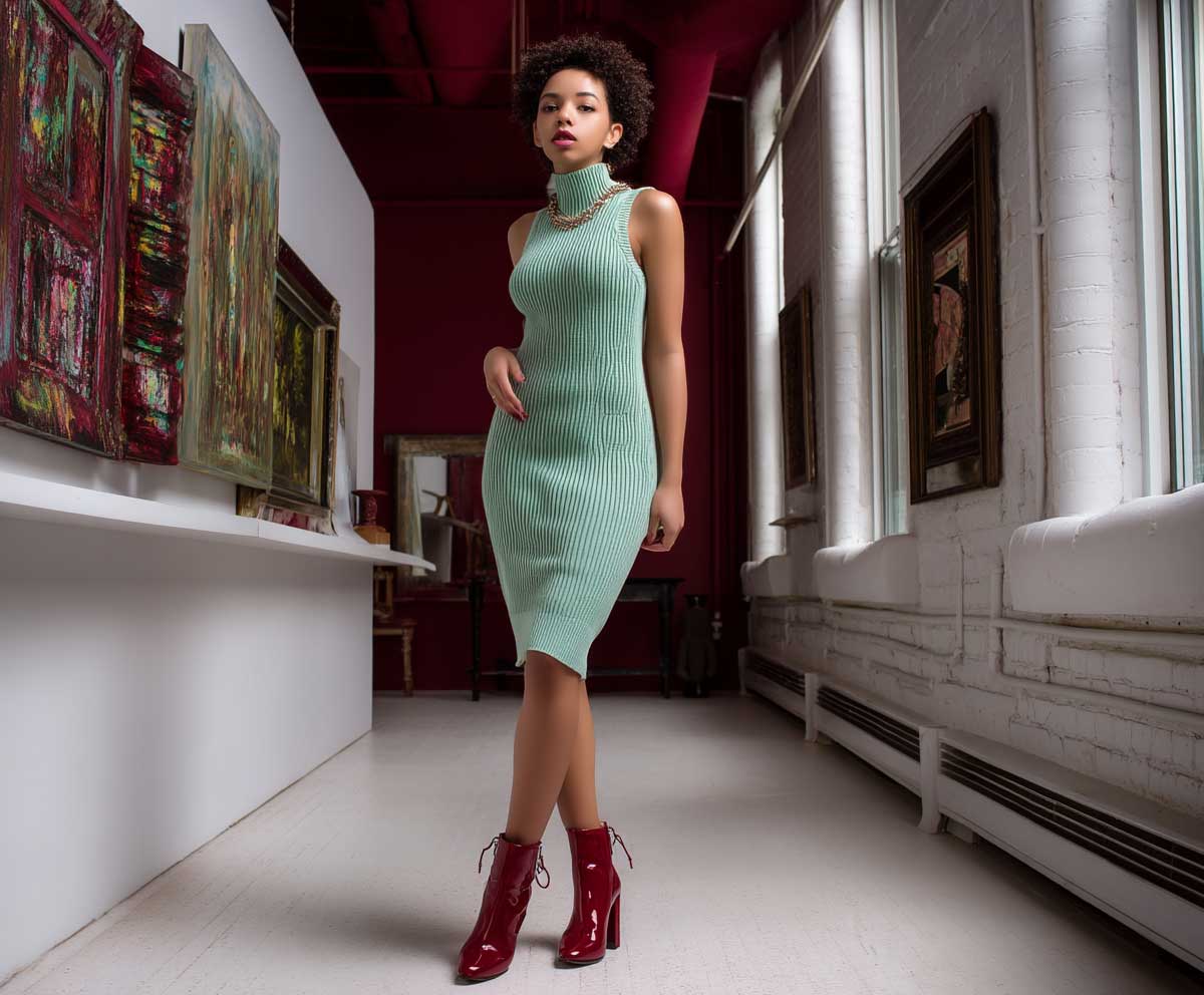 woman in a form-fitting mint green knit dress paired with glossy ruby red ankle boots, art gallery backdrop, indoor moody lighting, confident pose, cozy yet bold fashion vibe, editorial style