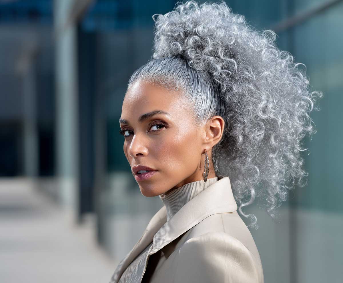 stylish woman with oval face shape, platinum silver frontal ponytail, voluminous curly texture, outdoor urban setting, edgy high fashion look, natural lighting, editorial photography