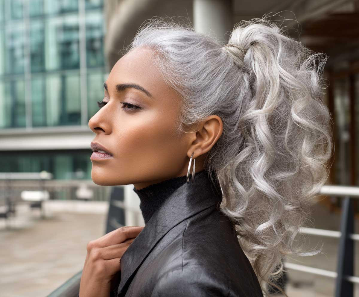 stylish woman with oval face shape, platinum silver frontal ponytail, voluminous curly texture, outdoor urban setting, edgy high fashion look, natural lighting, editorial photography