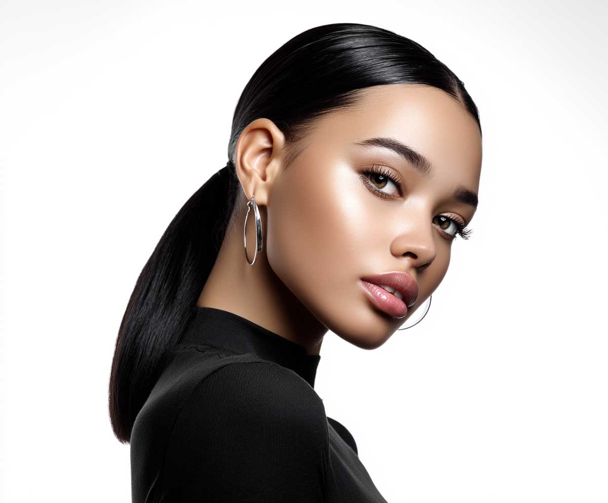 stunning young woman with a round face shape, sleek black frontal ponytail with soft face-framing layers, glossy hair, professional studio lighting, clean white background, beauty shot, fashion hairstyle photography