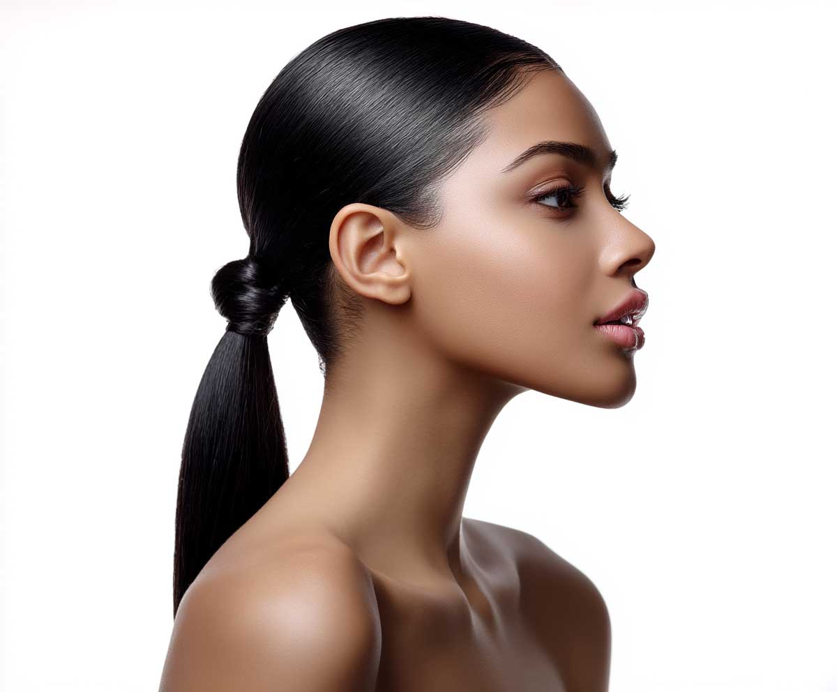 stunning young woman with a round face shape, sleek black frontal ponytail with soft face-framing layers, glossy hair, professional studio lighting, clean white background, beauty shot, fashion hairstyle photography