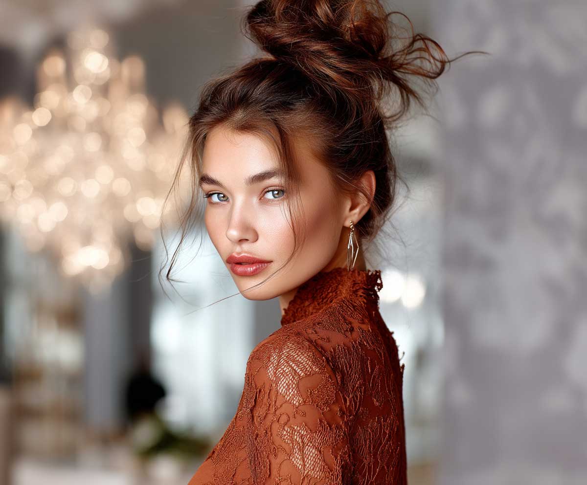 stylish woman with round face shape, chestnut brown frontal ponytail with voluminous crown, soft glam makeup, indoor elegant setting, hair in motion, high-resolution fashion portrait