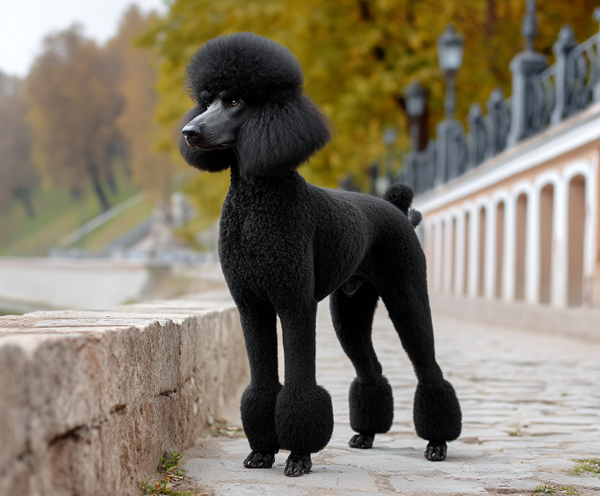 black standard poodle in german cut style, confidently posed on a stone path, glossy fur groomed with precise angles, elegant legs and proud chest, soft natural lighting, outdoor park background, DSLR photo quality