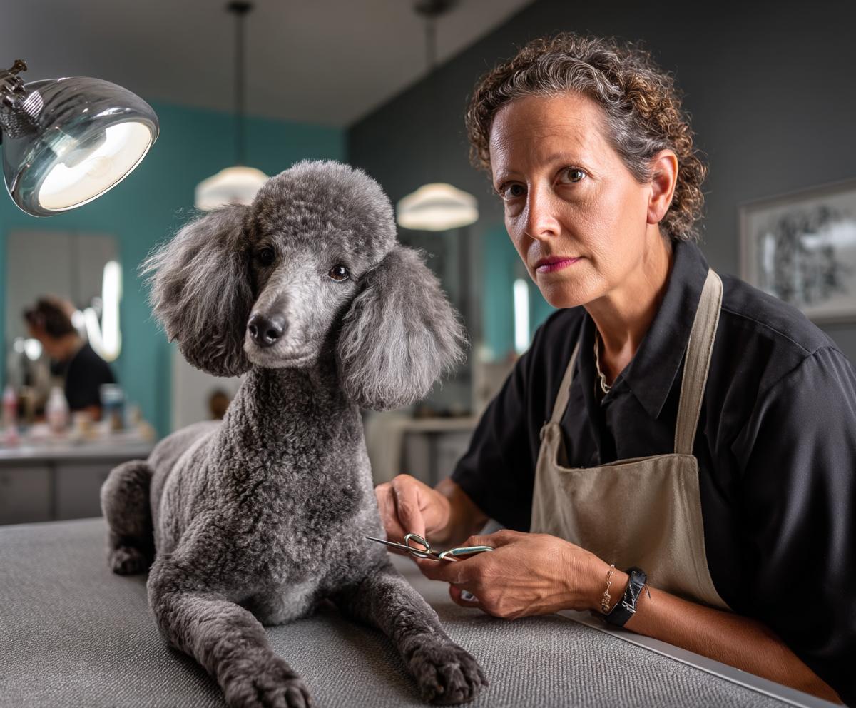 standard poodle mid-groom in german cut, sleek scissors in motion, bright and stylish pet salon with mirrors, groomer in apron gently shaping fur, light-filled clean space, calm expression on poodle, DSLR realism