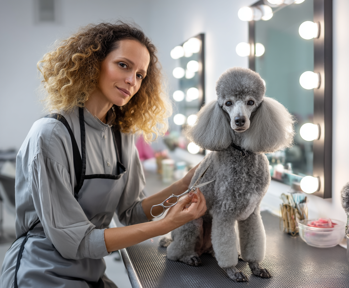 standard poodle mid-groom in german cut, sleek scissors in motion, bright and stylish pet salon with mirrors, groomer in apron gently shaping fur, light-filled clean space, calm expression on poodle, DSLR realism