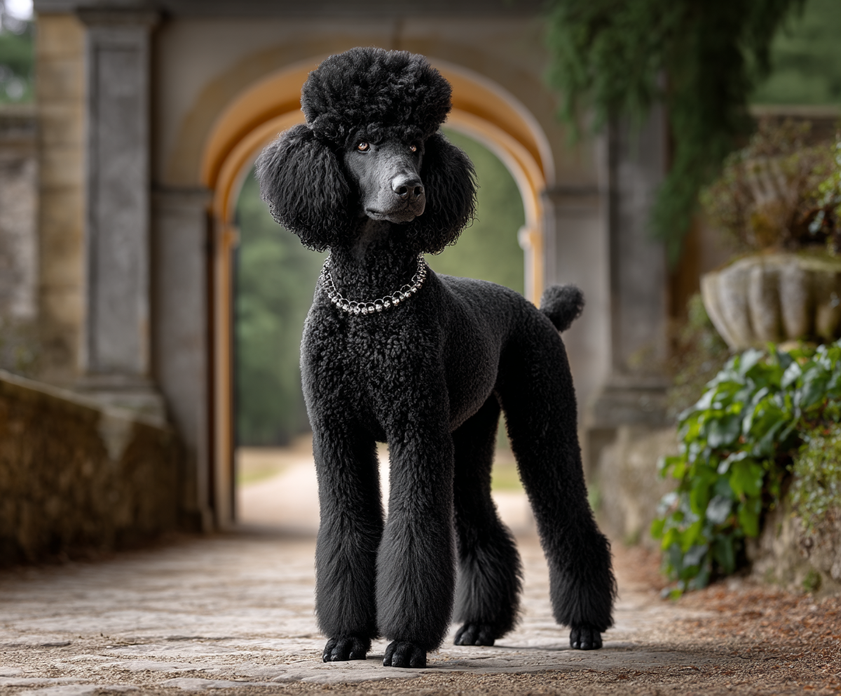 black standard poodle in german cut style, confidently posed on a stone path, glossy fur groomed with precise angles, elegant legs and proud chest, soft natural lighting, outdoor park background, DSLR photo quality