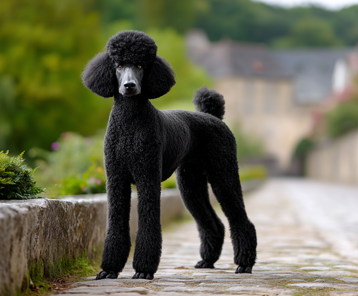 black standard poodle in german cut style, confidently posed on a stone path, glossy fur groomed with precise angles, elegant legs and proud chest, soft natural lighting, outdoor park background, DSLR photo quality