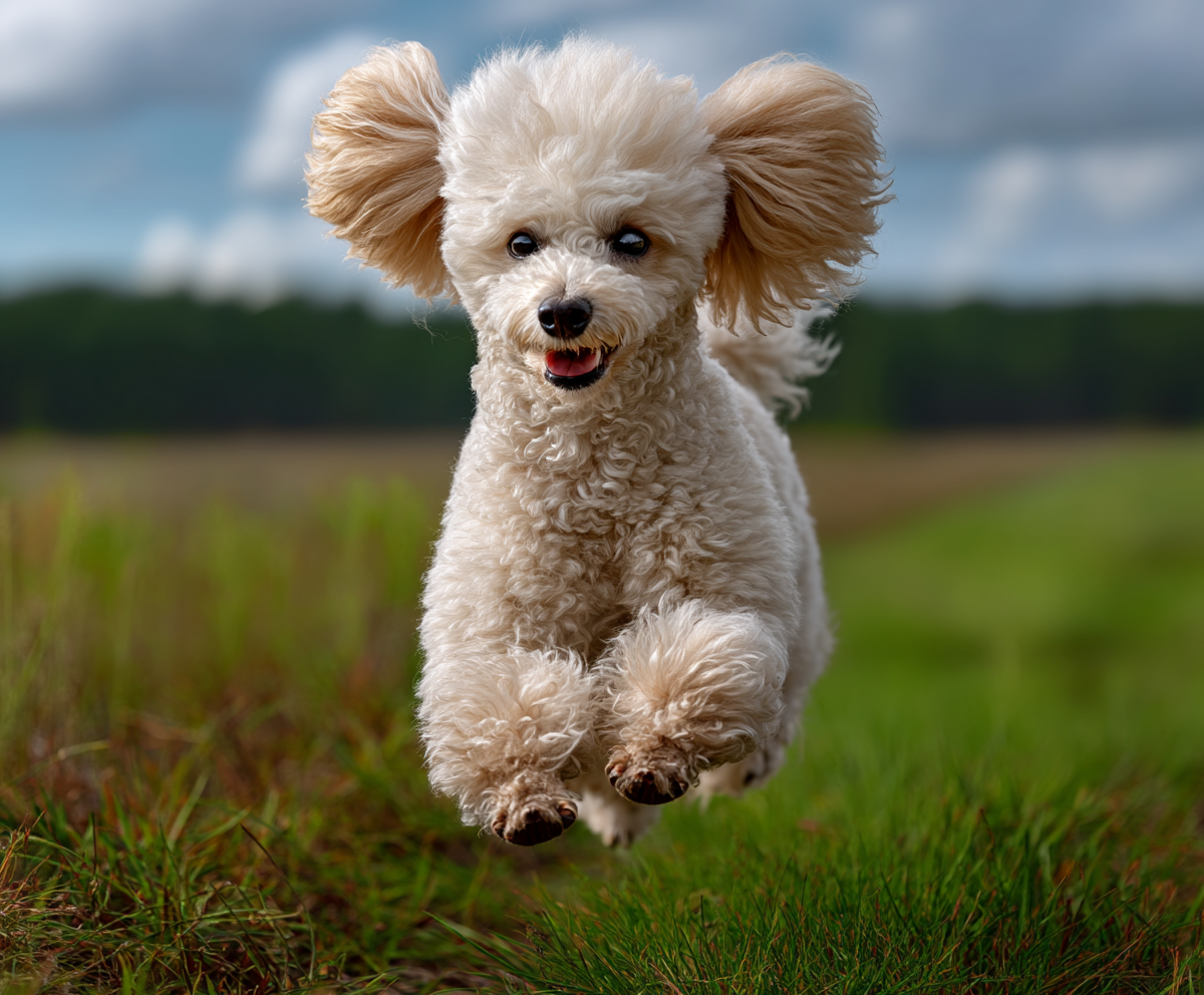cream colored poodle in german cut, mid-jump in a green field, fur trimmed in classic german style, fluffy rounded head and clean shaven legs, cheerful expression, action shot, shallow depth of field, natural daylight