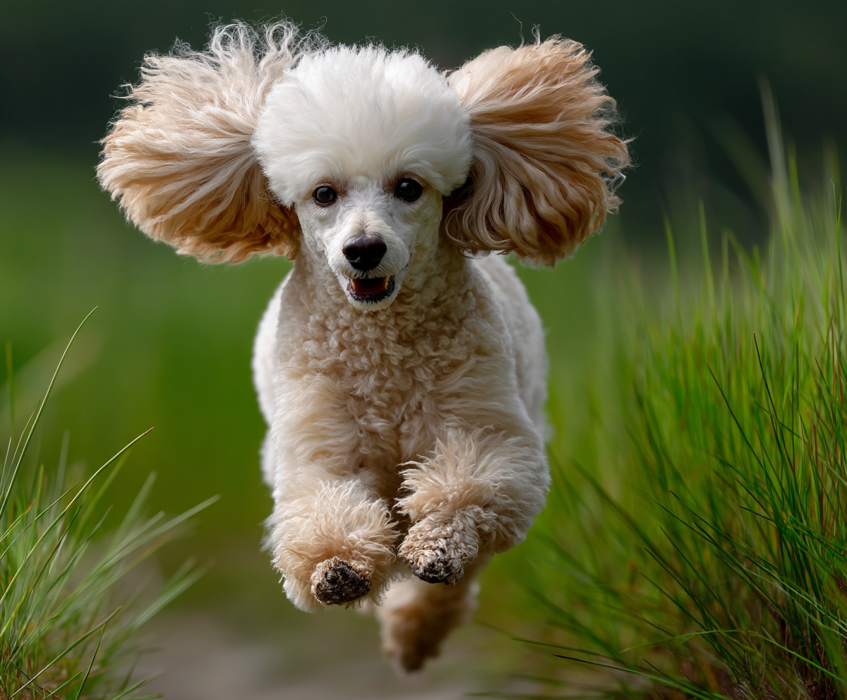 cream colored poodle in german cut, mid-jump in a green field, fur trimmed in classic german style, fluffy rounded head and clean shaven legs, cheerful expression, action shot, shallow depth of field, natural daylight